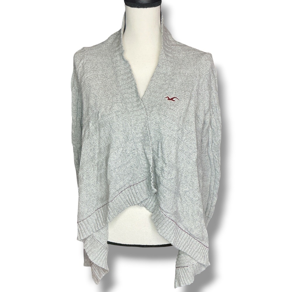 Hollister Gray Open Front Cardigan Women Large Cable Knit Rabbit Hair Blend